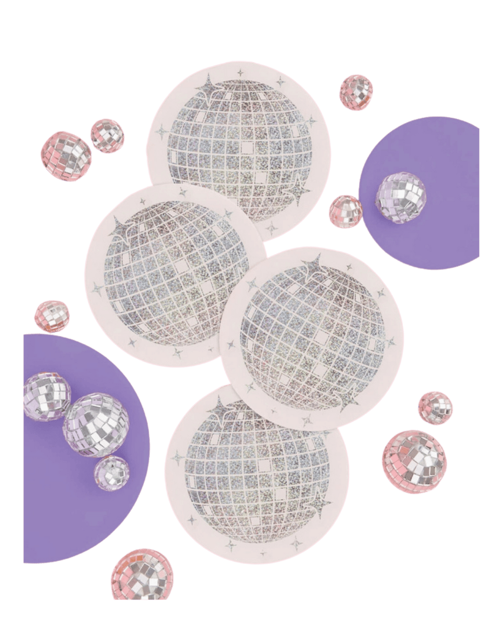 Silver disco ball plate set with purple accents disco theme from Parte Haus party supply store in Bethesda MD