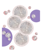 Silver disco ball plate set with purple accents disco theme from Parte Haus party supply store in Bethesda MD
