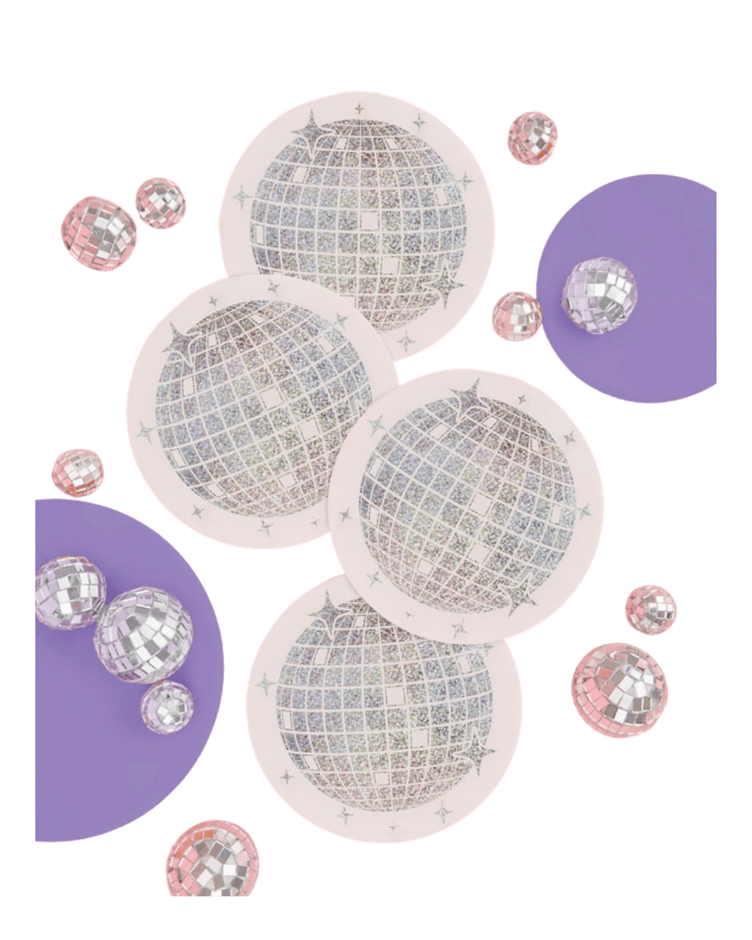 Silver disco ball plate set with purple accents disco theme from Parte Haus party supply store in Bethesda MD