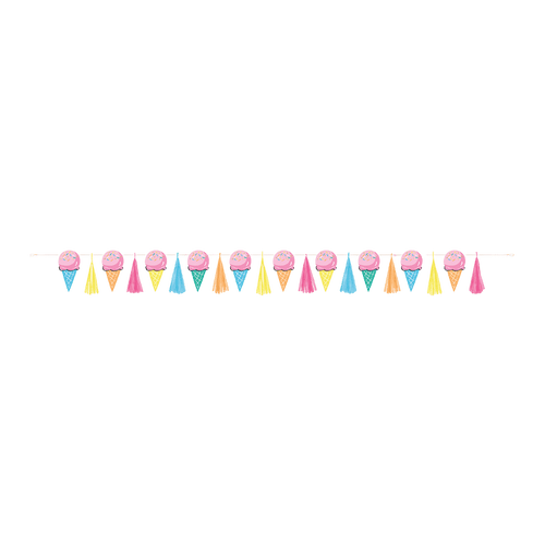 Pastel ice cream cone garland banner with tassels birthday theme from Parte Haus party supply store in Bethesda MD