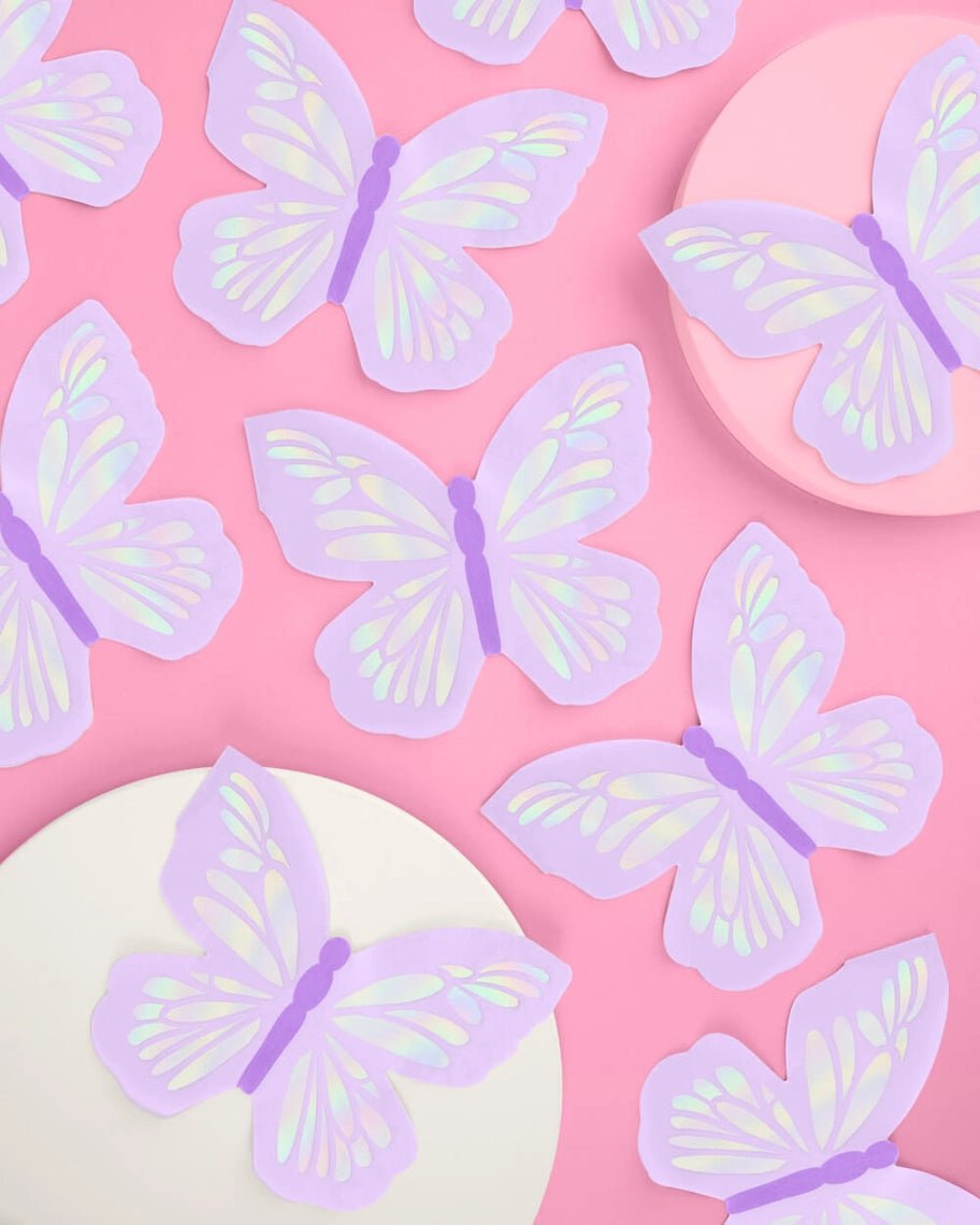 Purple butterfly shaped decorations pastel butterfly theme from Parte Haus party supply store in Bethesda MD