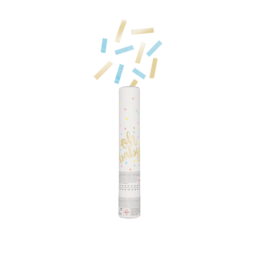 Blue and yellow confetti popper with oh baby text for baby shower from Parte Haus party supply store in Bethesda MD
