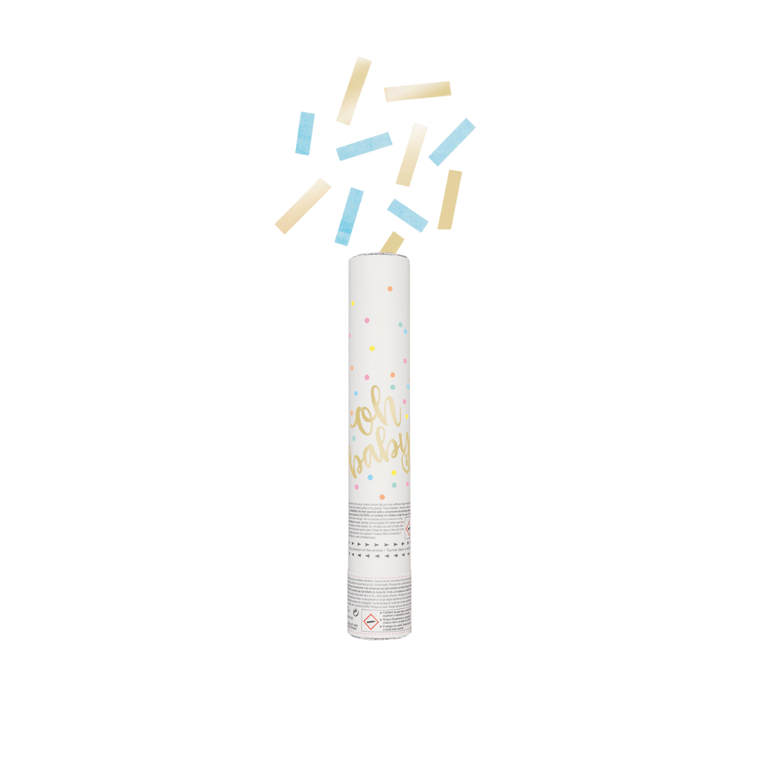 Blue and yellow confetti popper with oh baby text for baby shower from Parte Haus party supply store in Bethesda MD