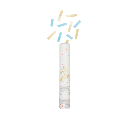 Blue and yellow confetti popper with oh baby text for baby shower from Parte Haus party supply store in Bethesda MD