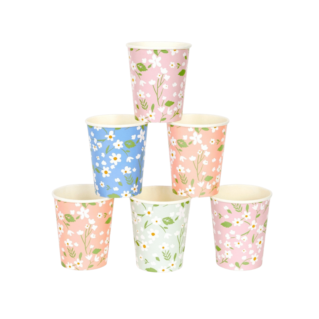 Pink blue and white floral paper cups spring theme from Parte Haus party supply store in Bethesda Maryland