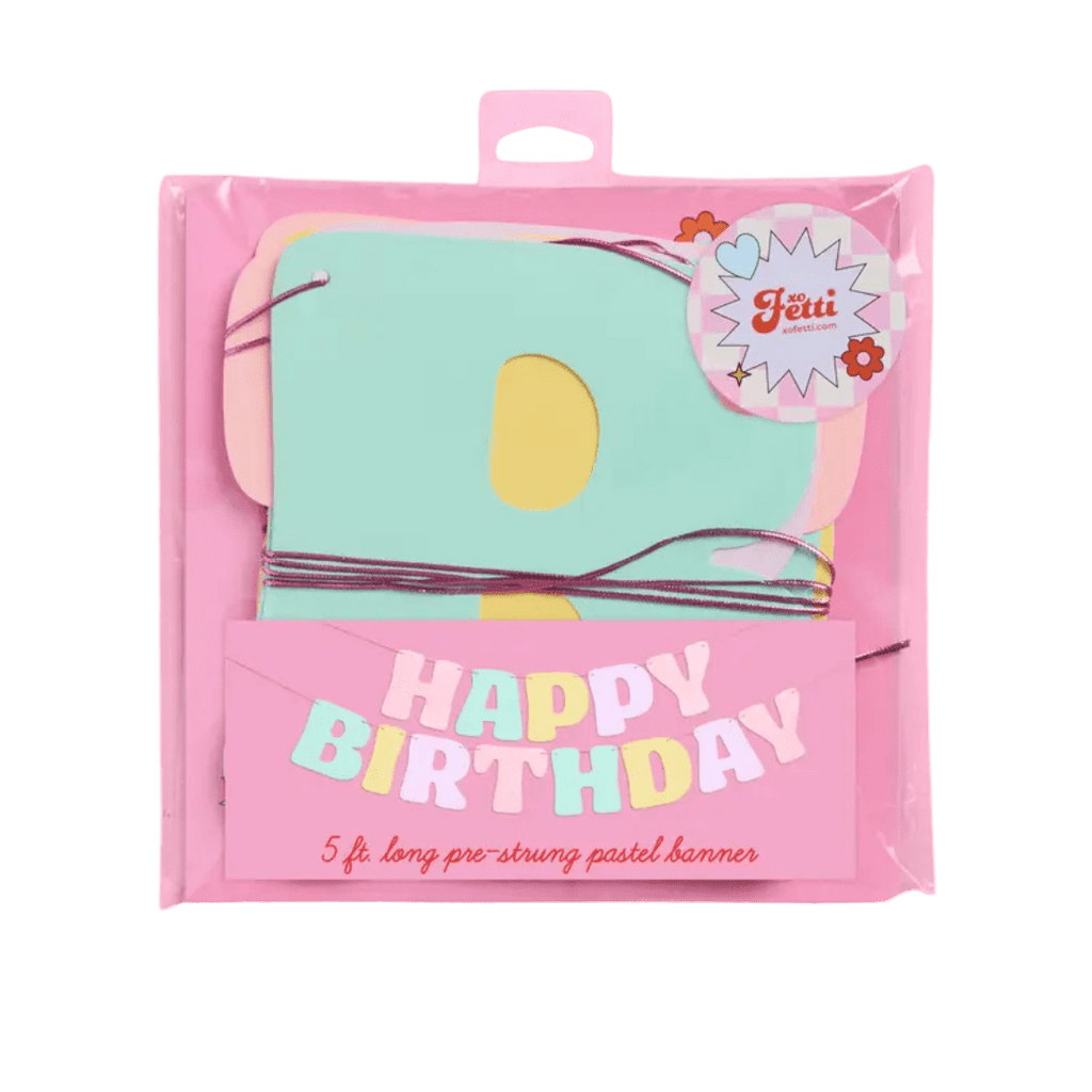 Pastel happy birthday banner colorful letters for birthday theme from Parte Haus party supply store in Bethesda MD