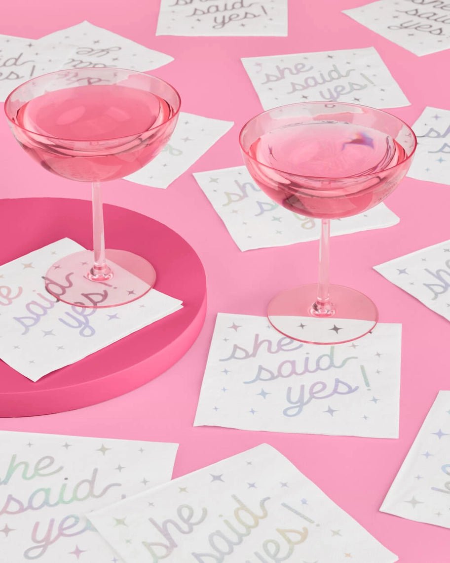 Pink she said yes napkins with pastel lettering engagement theme from Parte Haus party supply store in Bethesda MD