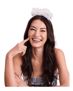 Silver glitter tiara headband worn by smiling woman for New Year theme from Parte Haus party supply store in Bethesda MD.