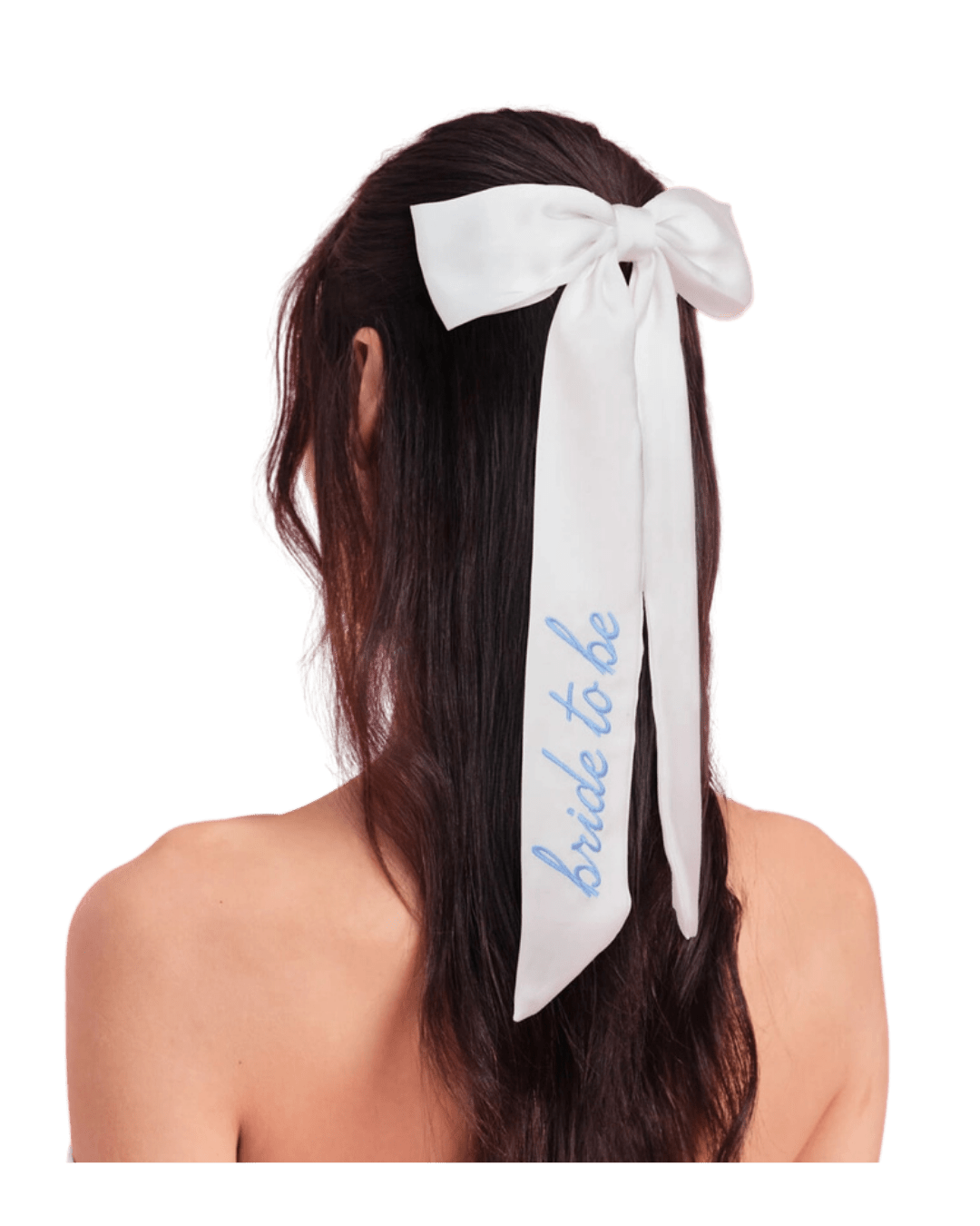 White bride to be hair bow with blue script for bridal shower from Parte Haus party supply store in Bethesda MD