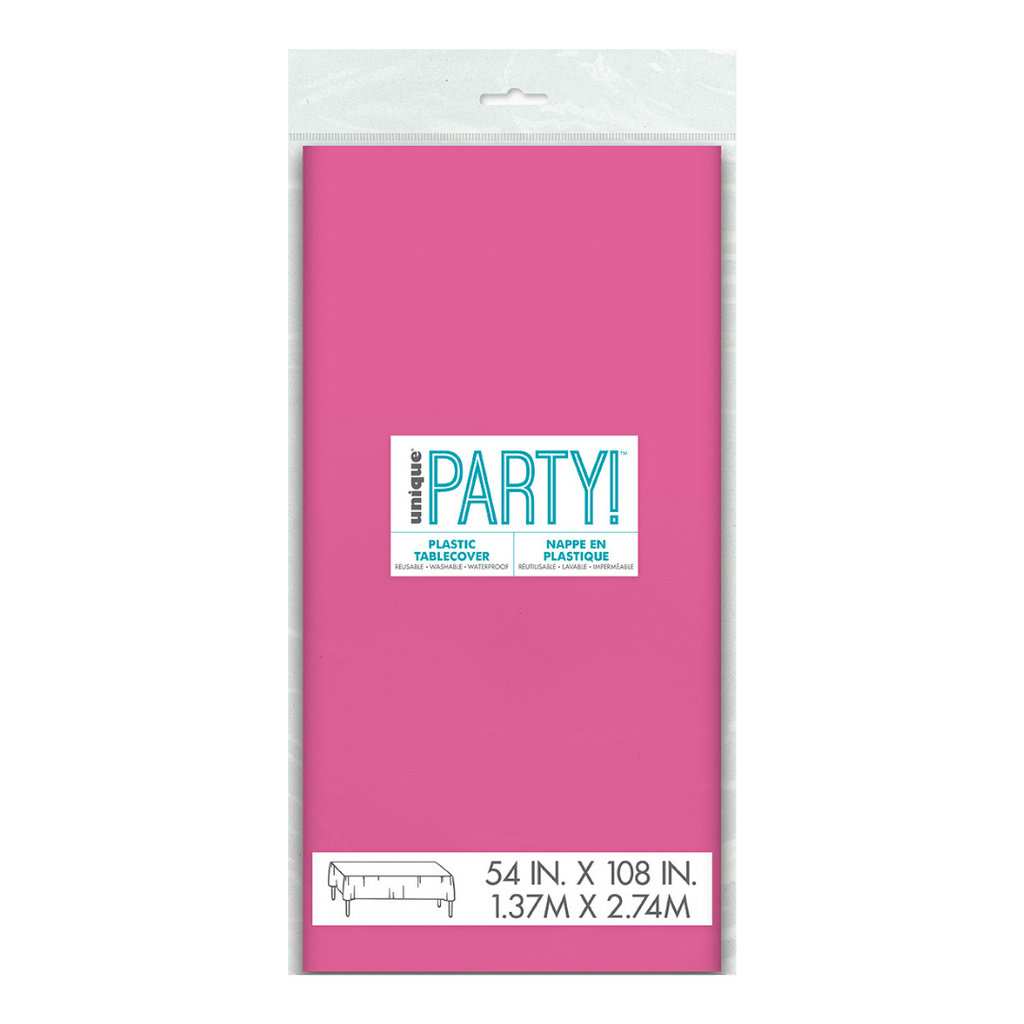 Pink plastic tablecover in packaging for birthday celebration from Parte Haus party supply store in Bethesda Maryland