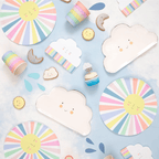 Pastel rainbow sky themed paper plates cups and napkins for kids birthday from Parte Haus party supply store in Bethesda MD