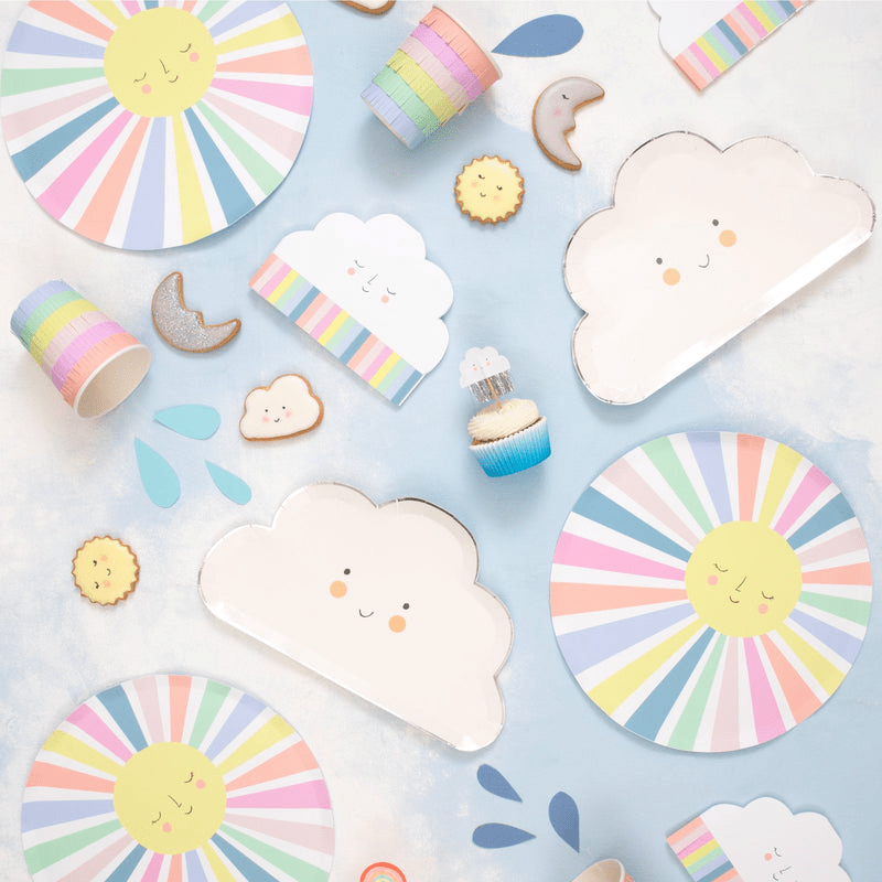 Pastel rainbow sky themed paper plates cups and napkins for kids birthday from Parte Haus party supply store in Bethesda MD