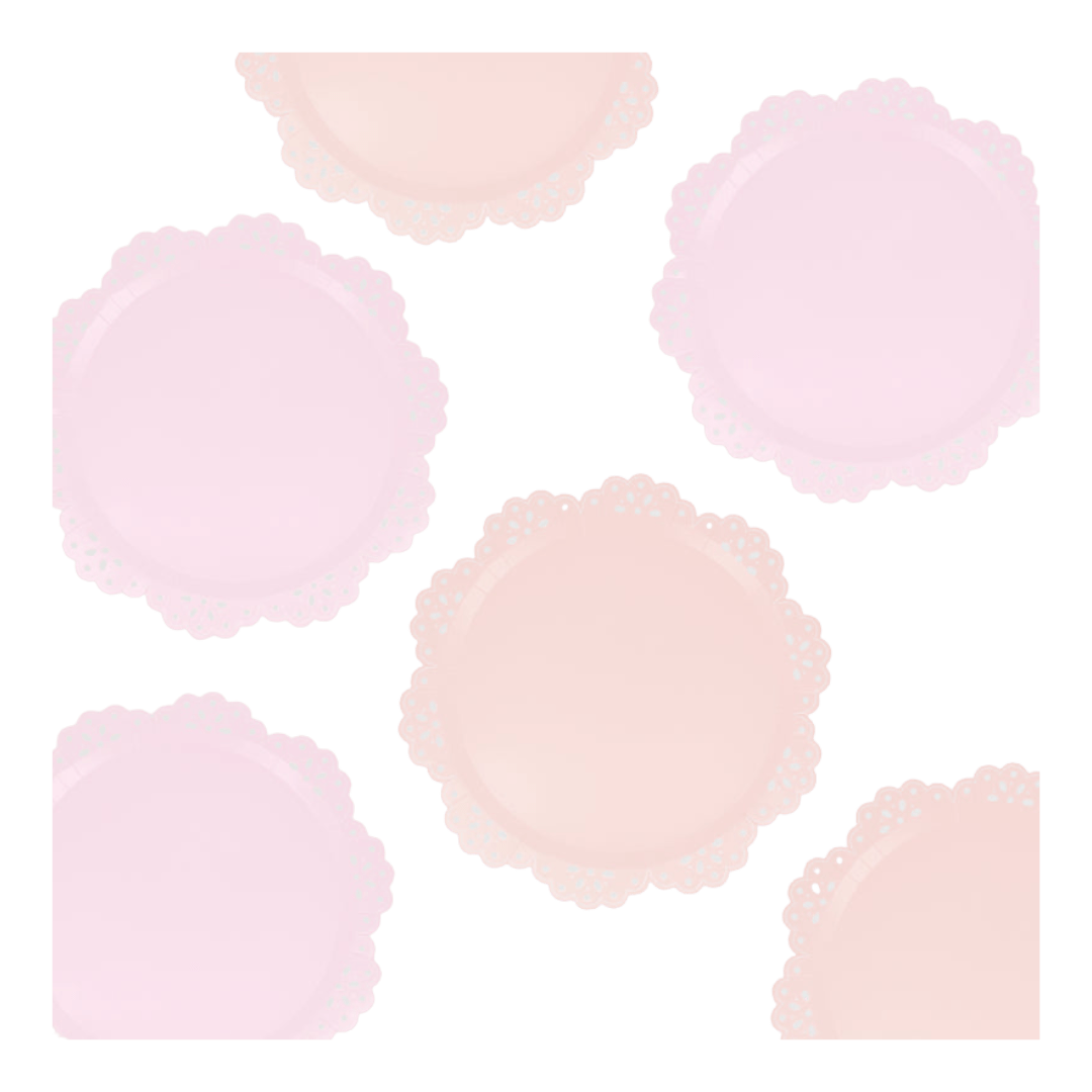 Pastel pink paper plates with lace edge detail birthday celebration from Parte Haus party supply store in Bethesda MD