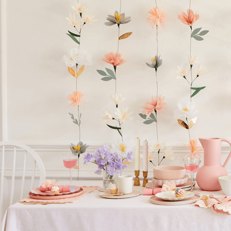 Peach and white floral garland pastel tableware spring celebration decor from Parte Haus party supply store in Bethesda Maryland