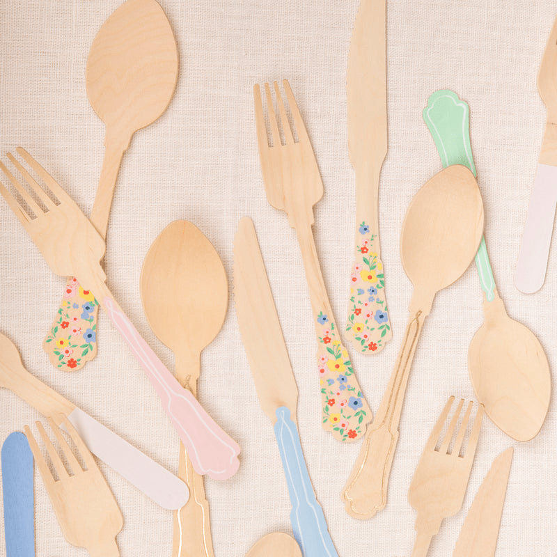 Pastel and floral wooden cutlery set picnic flatware spring from Parte Haus party supply store in Bethesda Maryland