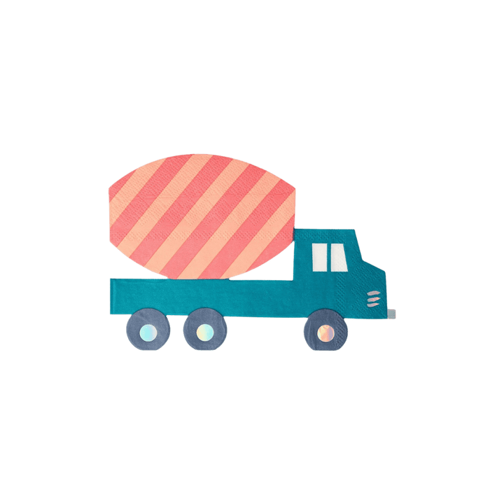 Blue and pink truck napkin shaped for kids construction birthday from Parte Haus party supply store in Bethesda MD