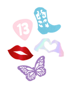 Assorted colorful custom confetti shapes with butterfly lips and heart birthday theme from Parte Haus party supply store in Bethesda MD