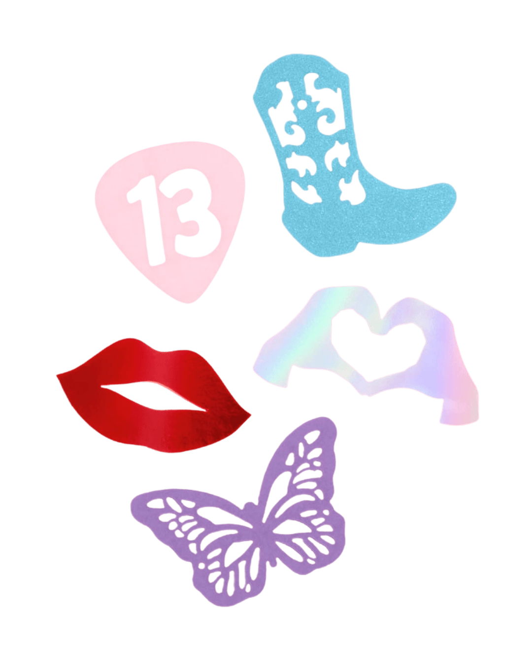 Assorted colorful custom confetti shapes with butterfly lips and heart birthday theme from Parte Haus party supply store in Bethesda MD