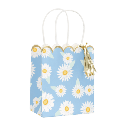 Blue daisy gift bag with gold trim for birthday from Parte Haus party supply store in Bethesda Maryland