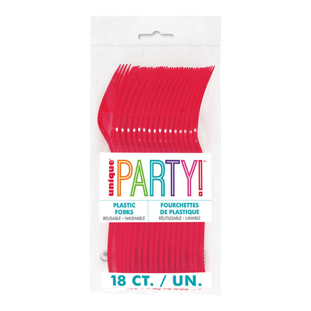 Red plastic forks pack for celebrations from Parte Haus party supply store in Bethesda Maryland