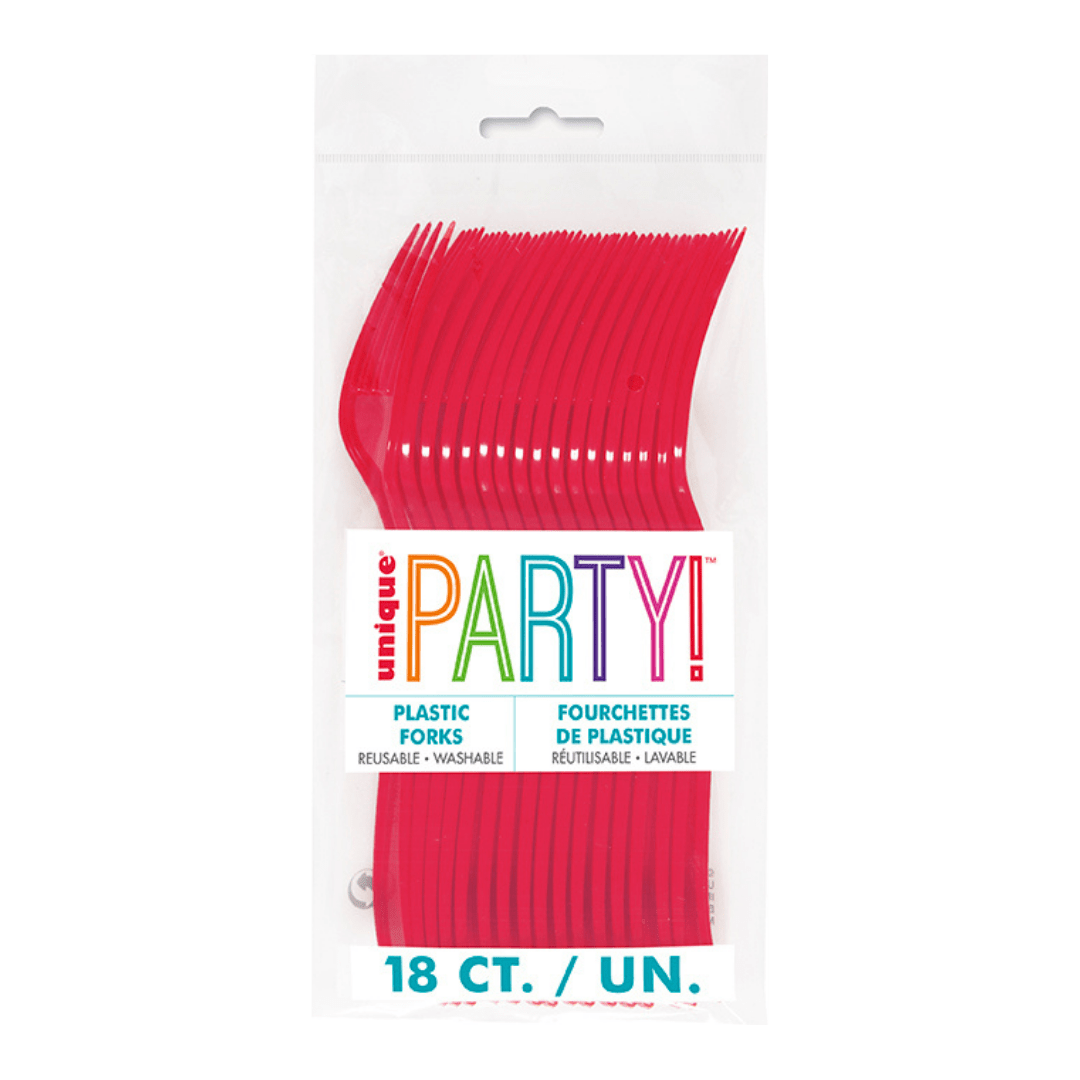 Red plastic forks pack for celebrations from Parte Haus party supply store in Bethesda Maryland