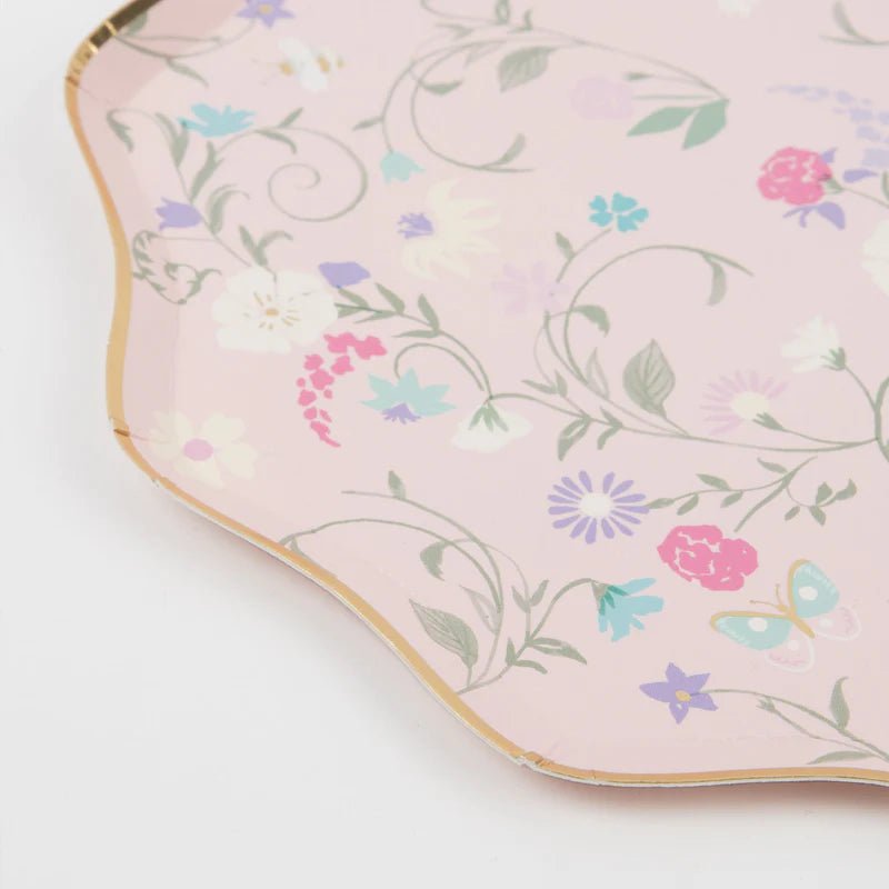 Pink floral paper plate with gold trim spring garden theme from Parte Haus party supply store in Bethesda Maryland