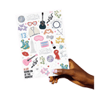 Multicolor sticker sheet with music love and city icons Taylor Swift theme from Parte Haus party supply store in Bethesda MD.