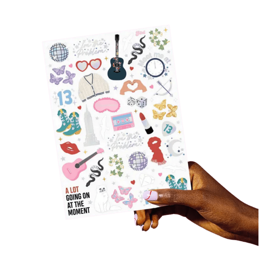 Multicolor sticker sheet with music love and city icons Taylor Swift theme from Parte Haus party supply store in Bethesda MD.