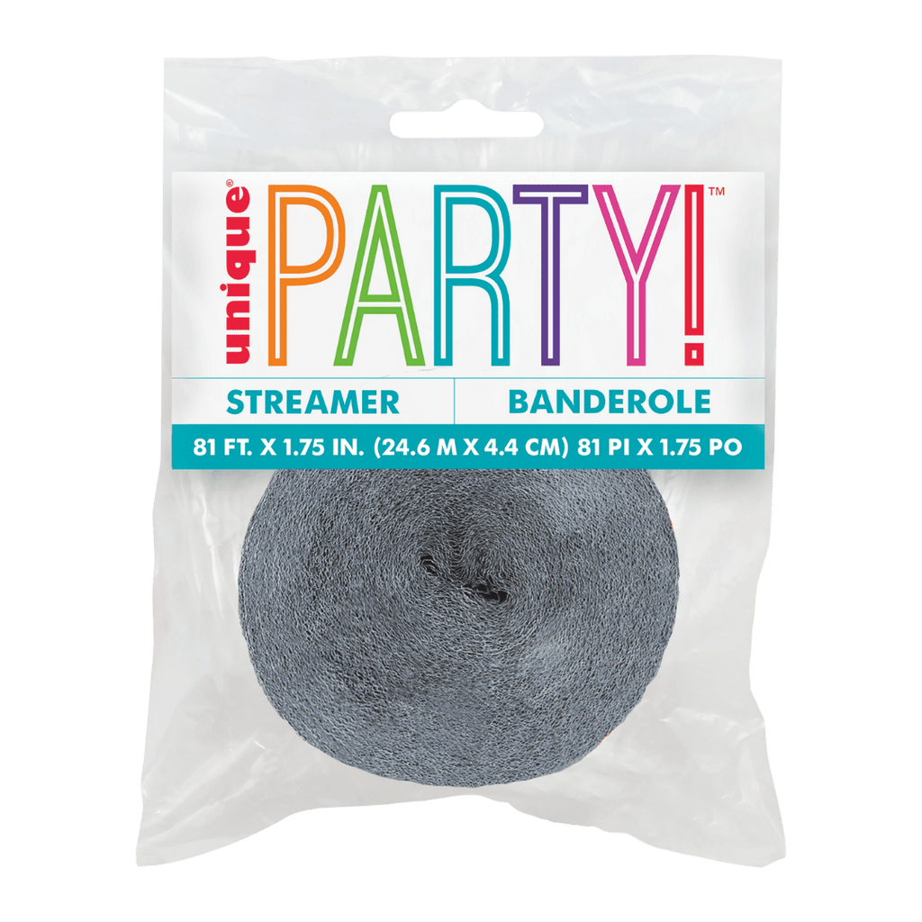Gray streamer roll classic decoration for celebrations from Parte Haus party supply store in Bethesda MD