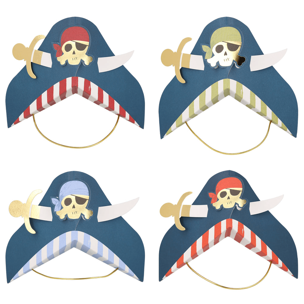 Blue pirate party hats with swords and skull designs for birthday from Parte Haus party supply store in Bethesda MD