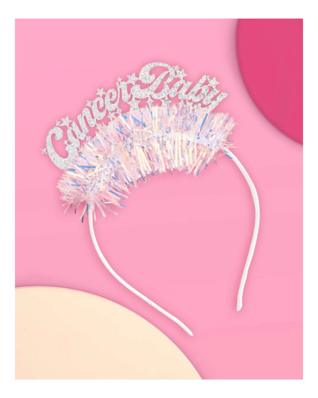 Pink Cancer Baby tiara headband with sparkly letters for birthday theme from Parte Haus party supply store in Bethesda MD