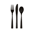 Black plastic cutlery set with fork knife and spoon classic dinner from Parte Haus party supply store in Bethesda MD.