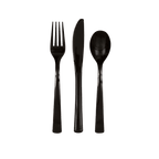 Black plastic cutlery set with fork knife and spoon classic dinner from Parte Haus party supply store in Bethesda MD.