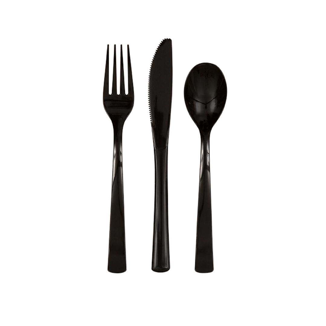 Black plastic cutlery set with fork knife and spoon classic dinner from Parte Haus party supply store in Bethesda MD.