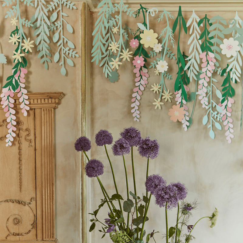 Pastel floral paper garland hanging decoration spring theme from Parte Haus party supply store in Bethesda MD