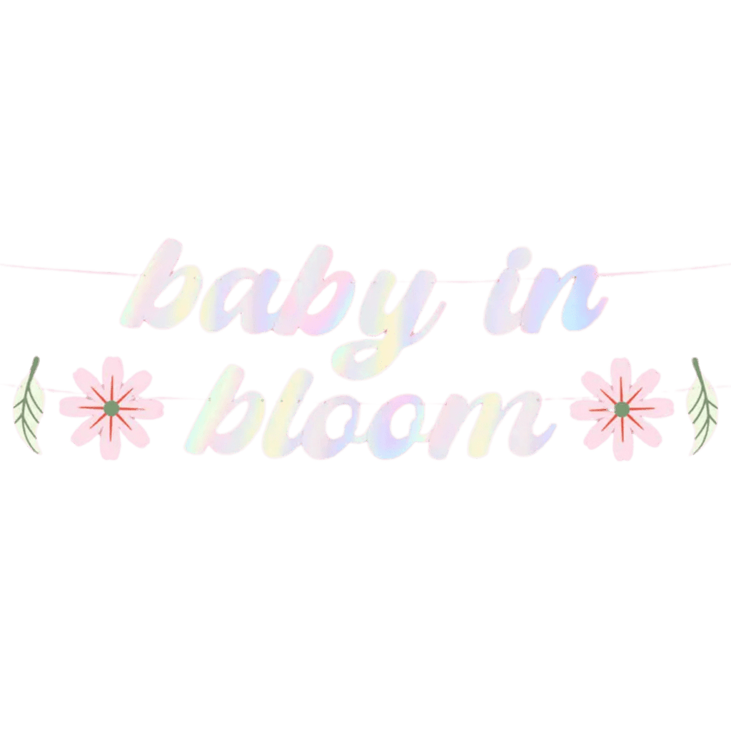 Iridescent baby in bloom banner with flowers for baby shower theme from Parte Haus party supply store in Bethesda MD