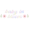 Iridescent baby in bloom banner with flowers for baby shower theme from Parte Haus party supply store in Bethesda MD
