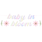Iridescent baby in bloom banner with flowers for baby shower theme from Parte Haus party supply store in Bethesda MD
