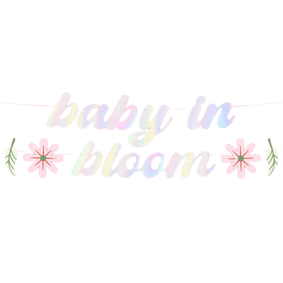 Iridescent baby in bloom banner with flowers for baby shower theme from Parte Haus party supply store in Bethesda MD
