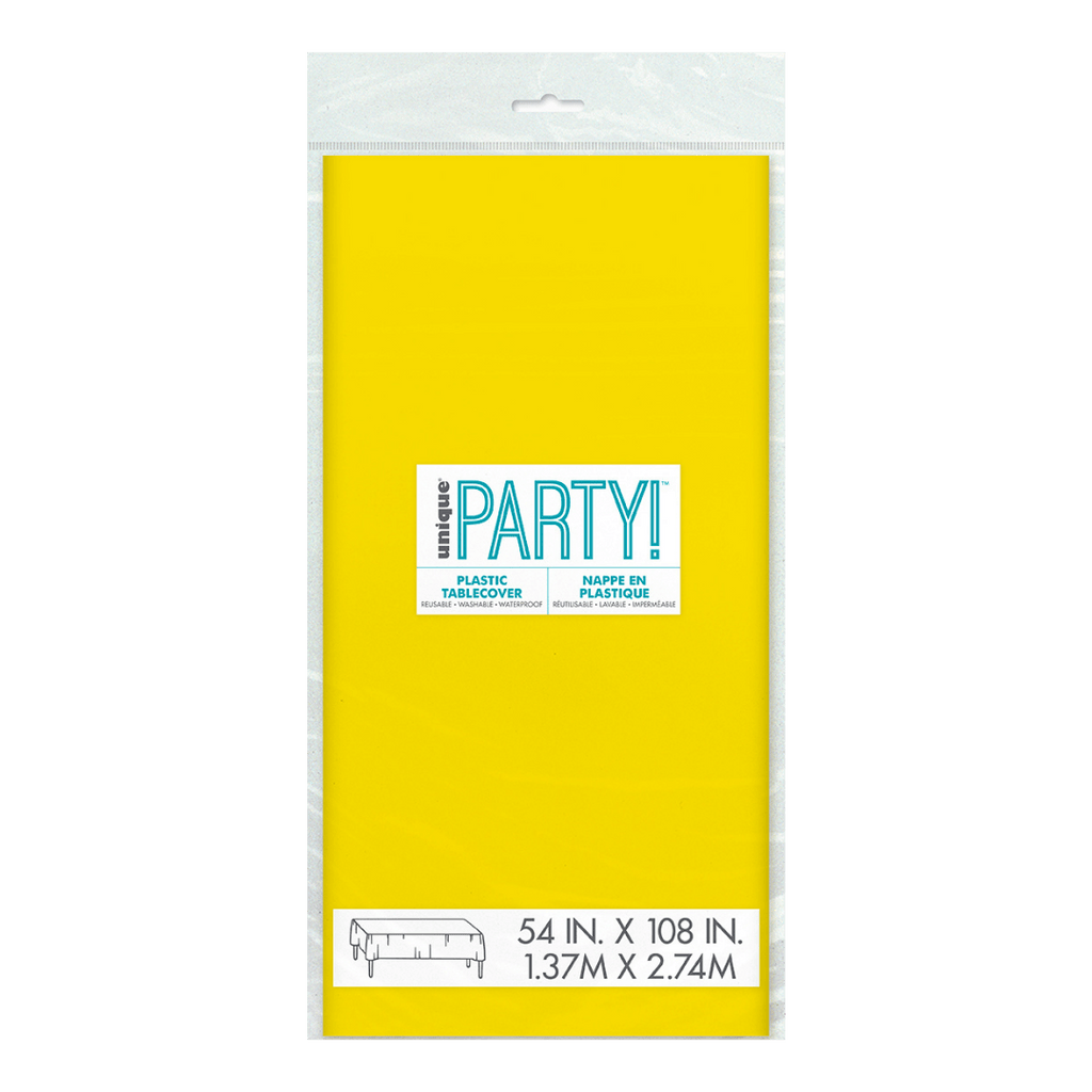 Yellow plastic tablecover in packaging birthday theme from Parte Haus party supply store in Bethesda Maryland