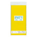 Yellow plastic tablecover in packaging birthday theme from Parte Haus party supply store in Bethesda Maryland