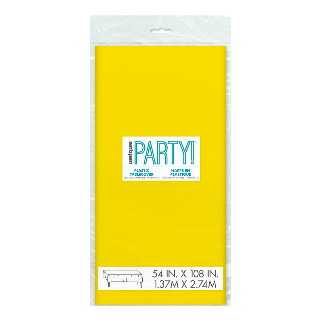 Yellow plastic tablecover in packaging birthday theme from Parte Haus party supply store in Bethesda Maryland