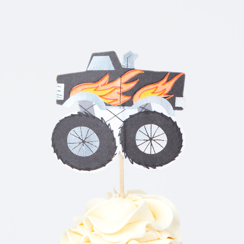 black monster truck cupcake topper with orange flames for birthday theme from Parte Haus party supply store in Bethesda Maryland