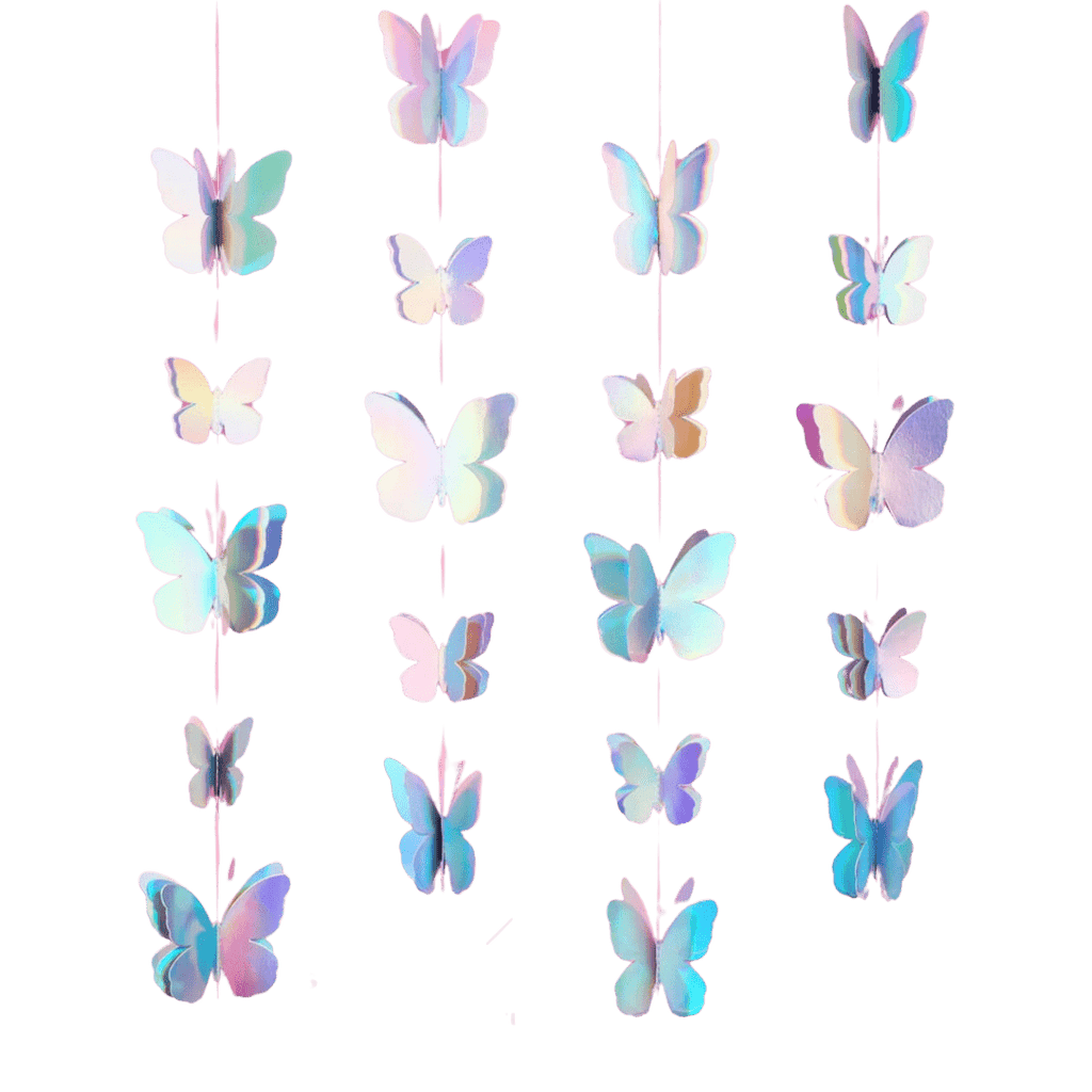 Iridescent butterfly garland shimmering hanging decor birthday theme from Parte Haus party supply store in Bethesda MD