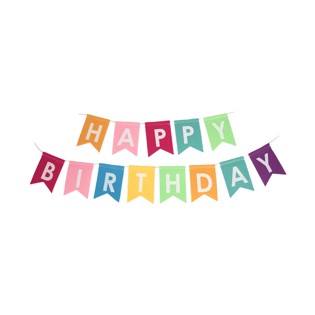 Rainbow happy birthday banner with colorful flags birthday decoration from Parte Haus party supply store in Bethesda MD