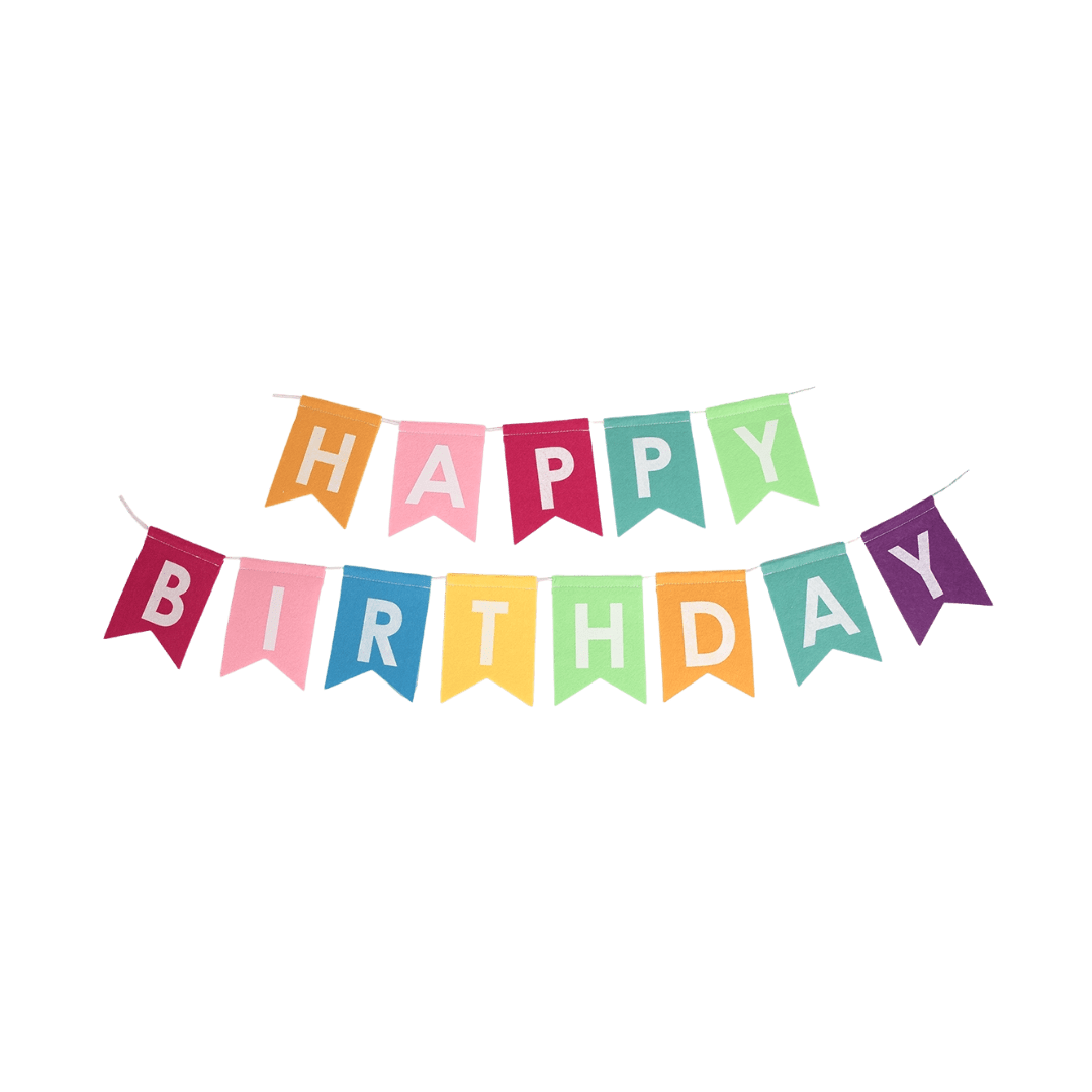 Rainbow happy birthday banner with colorful flags birthday decoration from Parte Haus party supply store in Bethesda MD