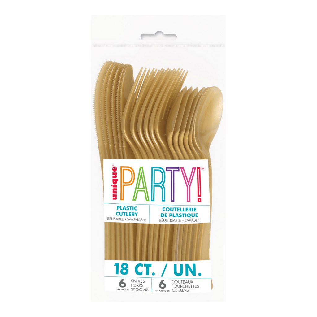 Gold plastic cutlery set in clear packaging birthday theme from Parte Haus party supply store in Bethesda MD.