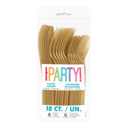 Gold plastic cutlery set in clear packaging birthday theme from Parte Haus party supply store in Bethesda MD.