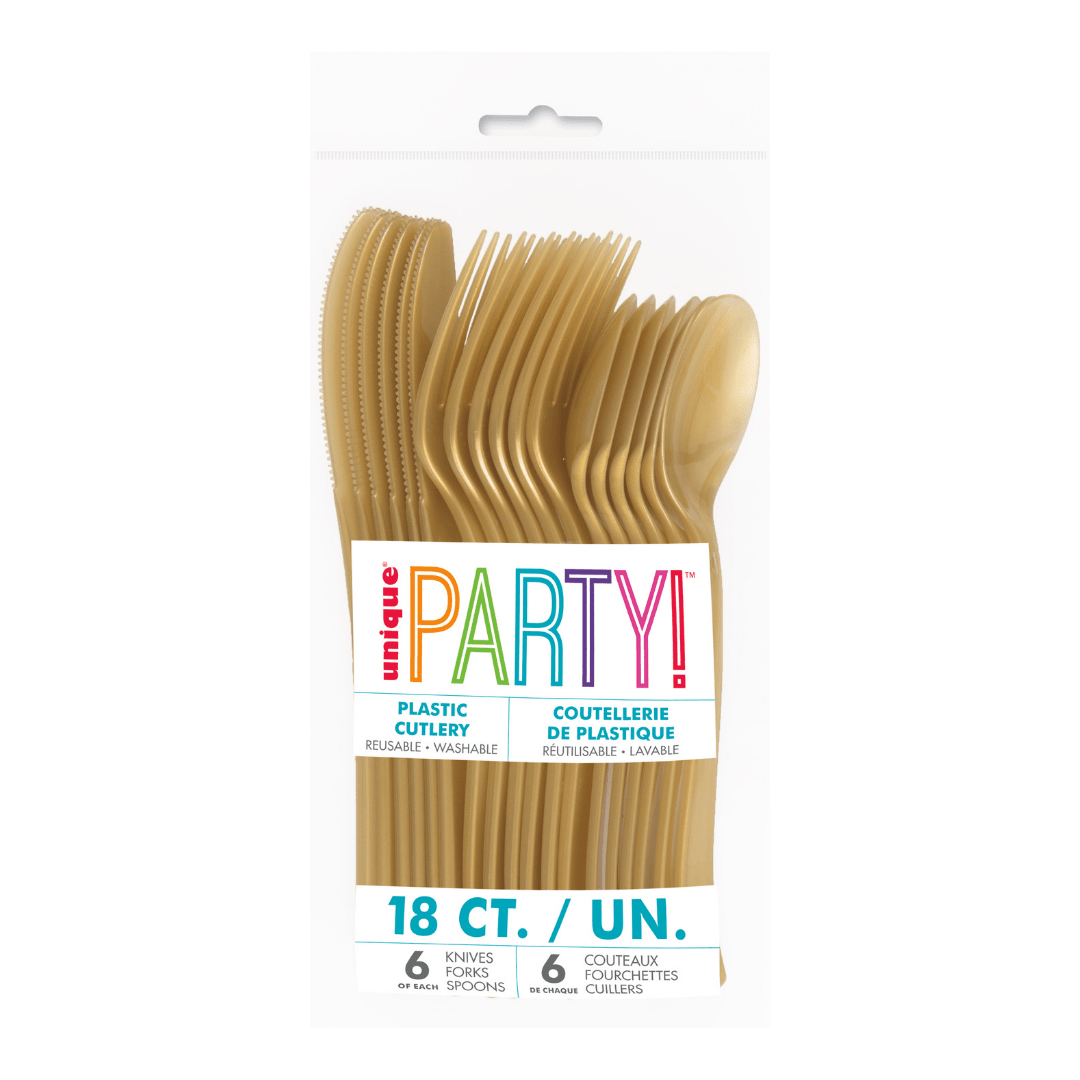 Gold plastic cutlery set in clear packaging birthday theme from Parte Haus party supply store in Bethesda MD.