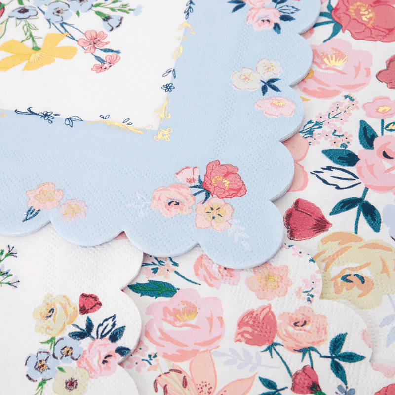 Pastel floral paper napkins with scalloped edges spring garden theme from Parte Haus party supply store in Bethesda MD